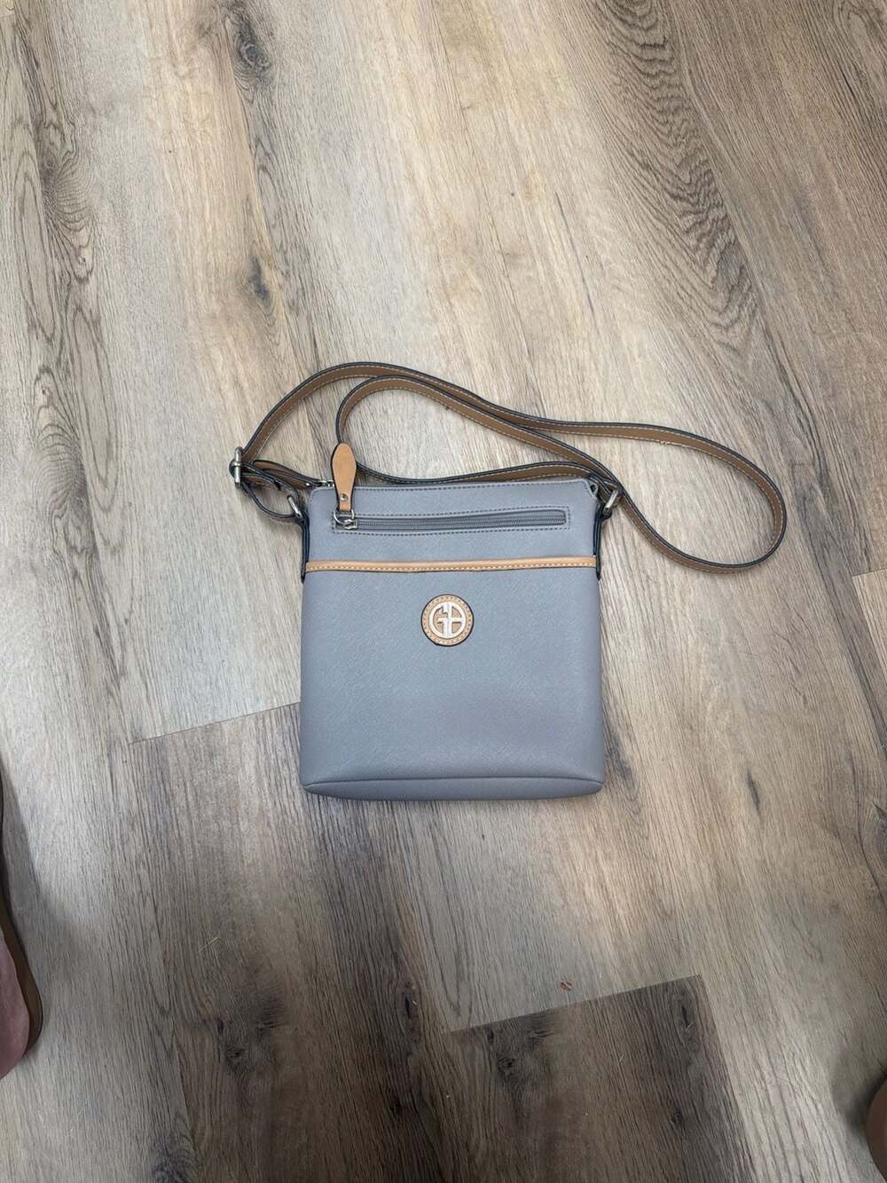 Giani Bernini Saffiano North South Crossbody Bag Blue with Tan Trim